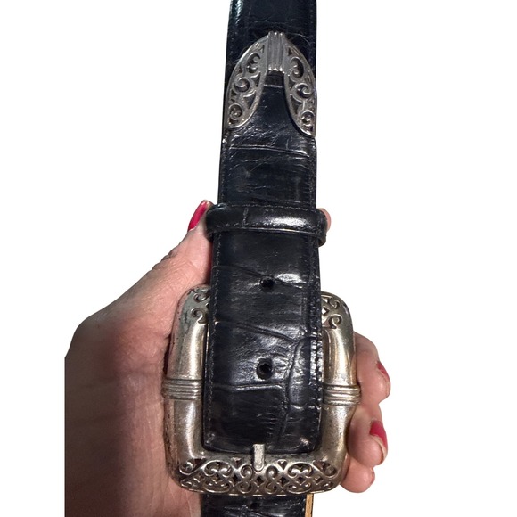 Brighton Accessories - Brighton Black Croc Embossed Leather Western Belt Silver Filigree Buckle M 39703